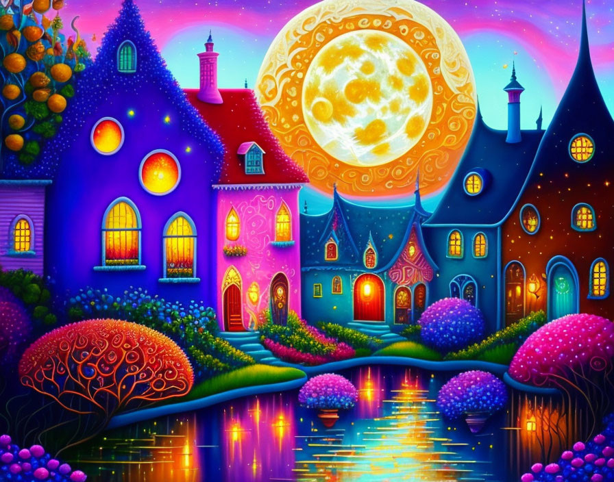 Vibrant houses by reflective river under glowing moon