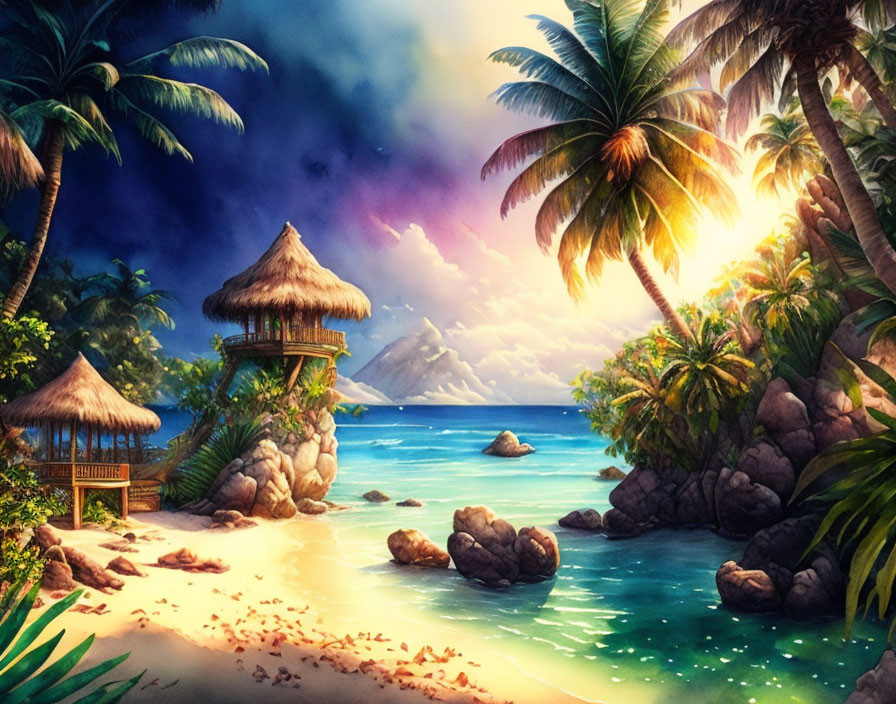 Tranquil tropical beach sunset with palm trees, huts, calm sea, and rocks