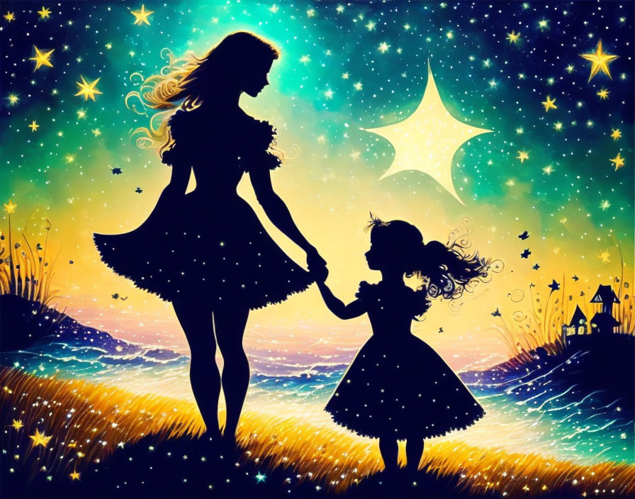 Woman and girl silhouettes against vibrant whimsical backdrop.