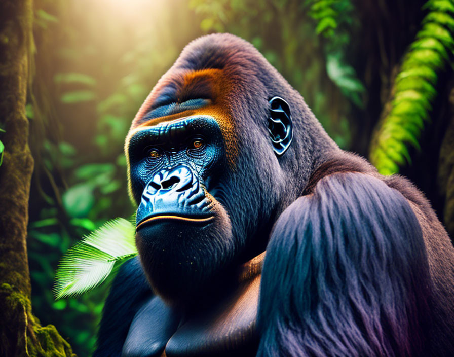 Contemplative gorilla in lush greenery with sunlight filtering through.