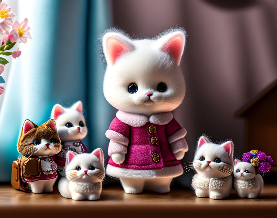 Anthropomorphic kitten figurines in various sizes and outfits on wooden surface