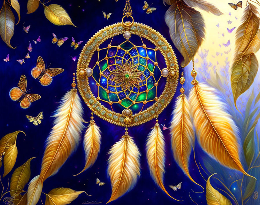 Dreamcatcher with feathers, beads, butterflies, and starry night sky.