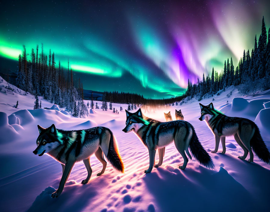 Three wolves in snowy landscape under northern lights.