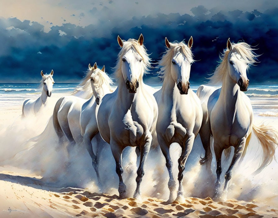 Five White Horses Galloping on Beach with Dramatic Sky