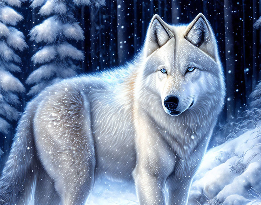 Majestic wolf with blue eyes in snowy forest scene