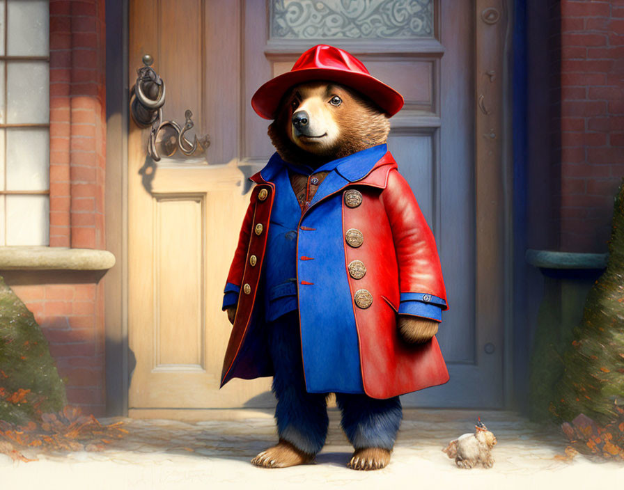 Animated Bear in Red Hat and Blue Coat by House Door with Bird