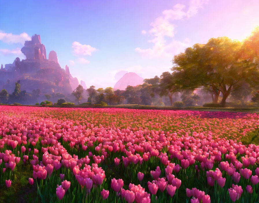 Pink tulips field with tree and castle under purple dawn sky