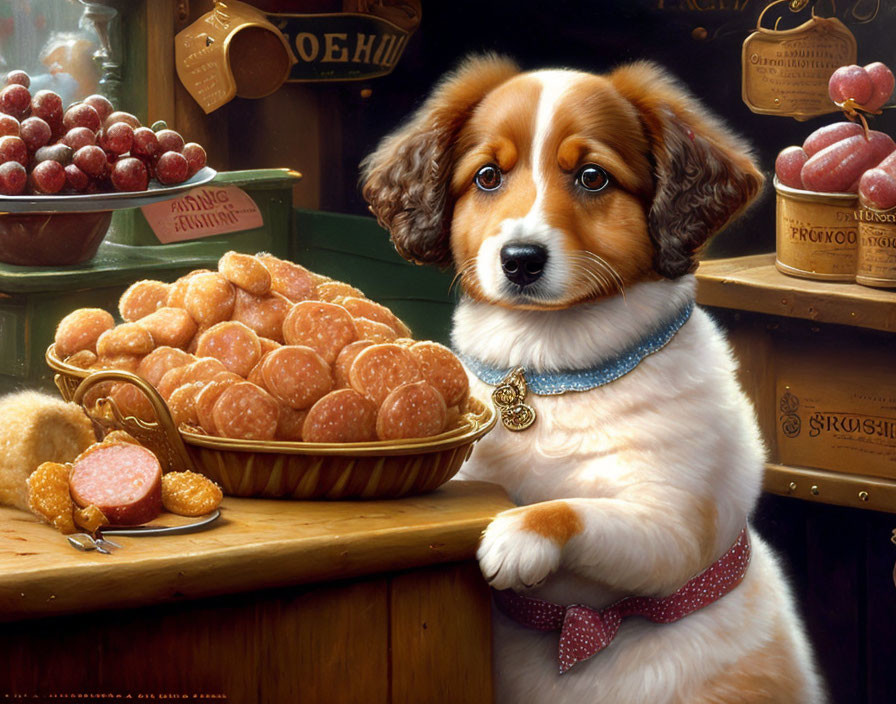 Adorable puppy with big eyes and sausages in a deli.