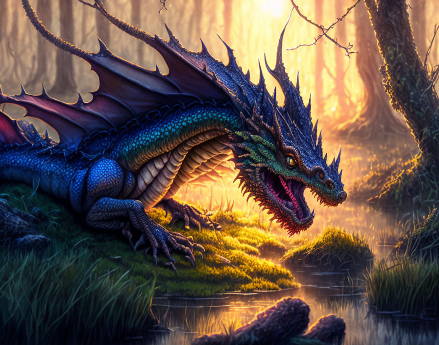 Colorful Dragon Resting in Mystical Forest Clearing