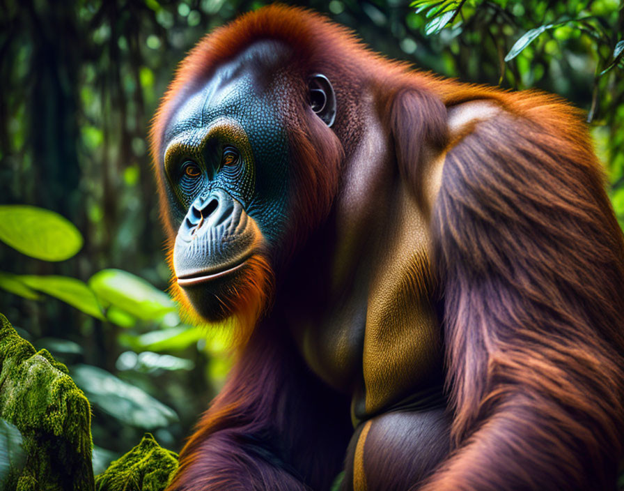 Vivid orange fur orangutan in close-up against lush green forest