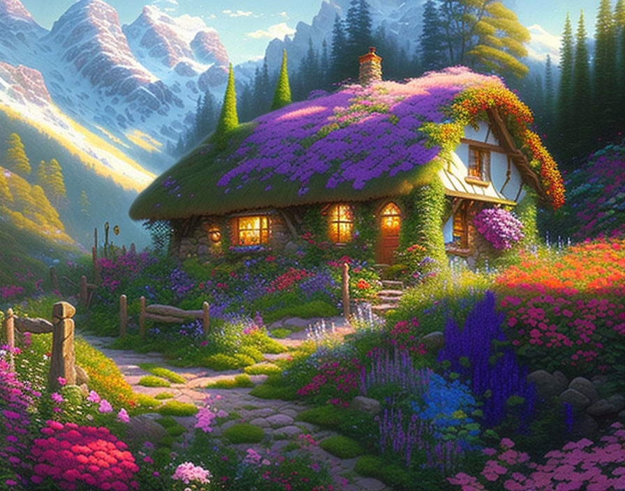 Thatched Roof Cottage with Purple Flowers in Garden at Sunset