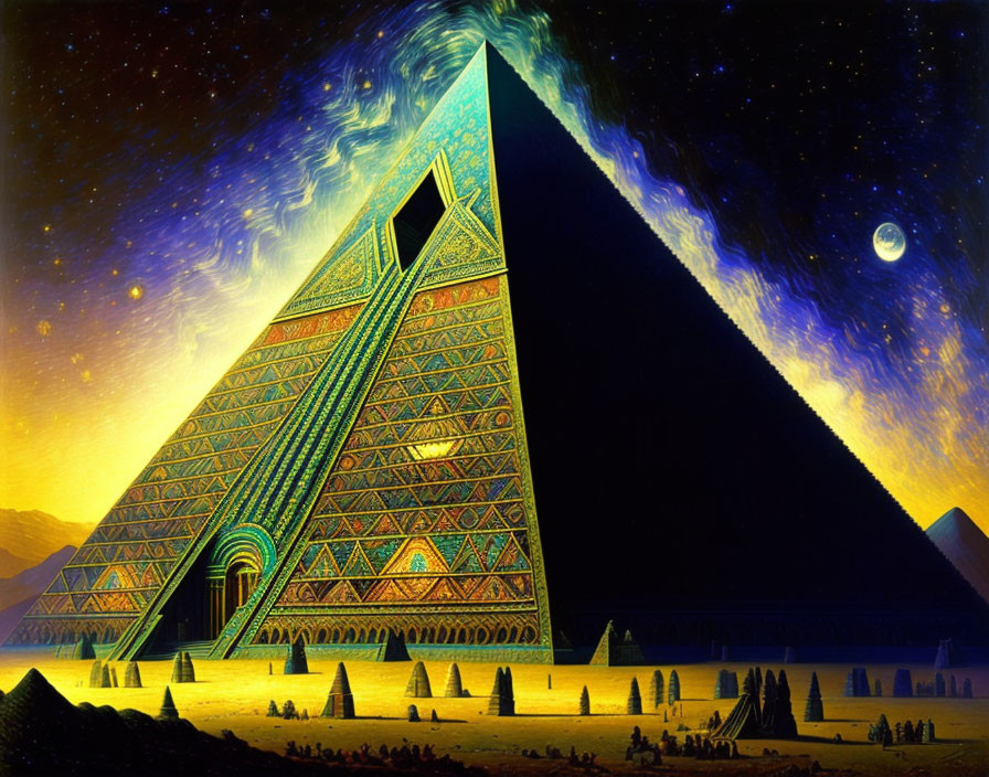 Colorful pyramid painting with cosmic sky, illuminated portal, smaller pyramids, and crescent moon.