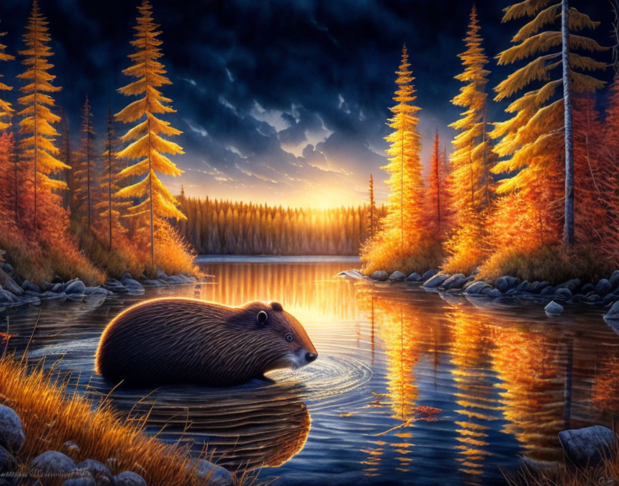 Tranquil autumn landscape with beaver on serene lake