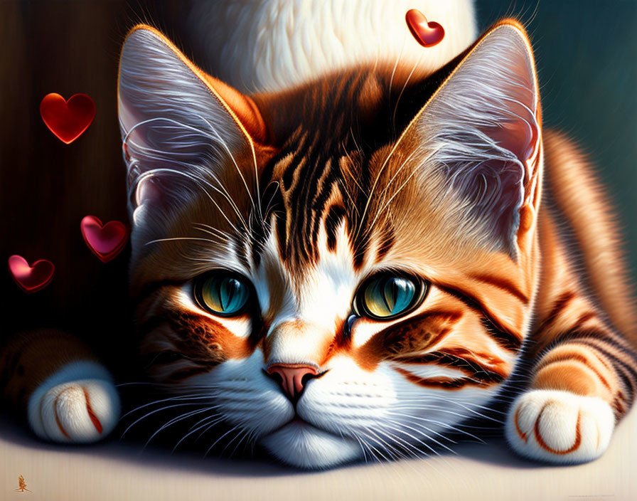 Orange-Striped Cat Digital Painting with Green Eyes and Red Hearts