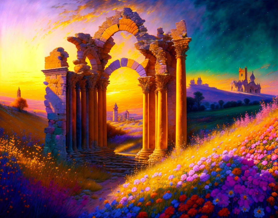 Colorful painting of ruins, arches, and flowers under sunset sky transitioning to night with distant church