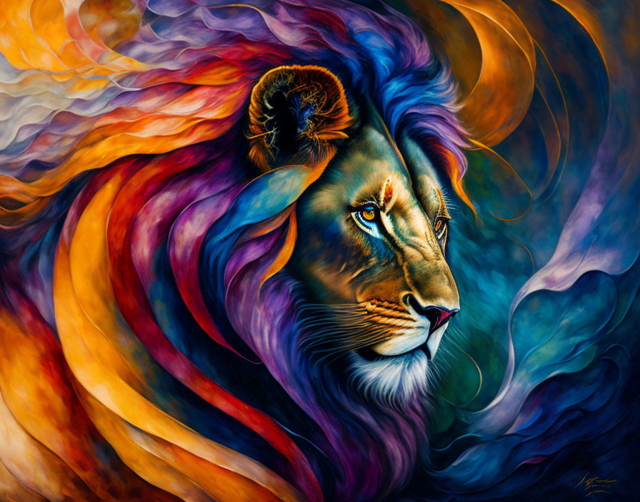 Colorful Lion Painting with Vibrant Mane: Flames and Waves Theme