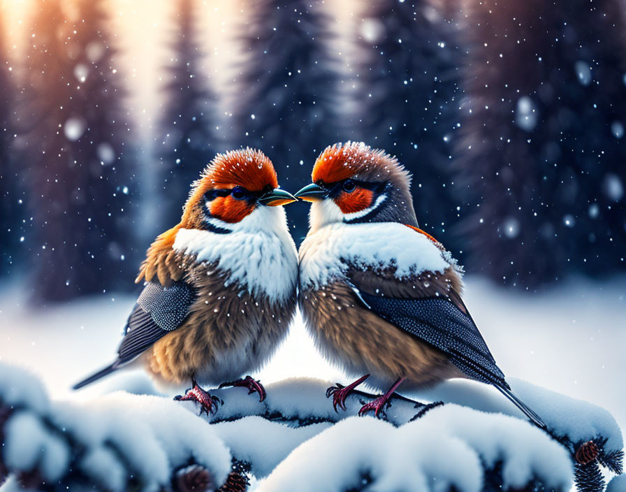 Orange and white birds on snowy branch in winter scene