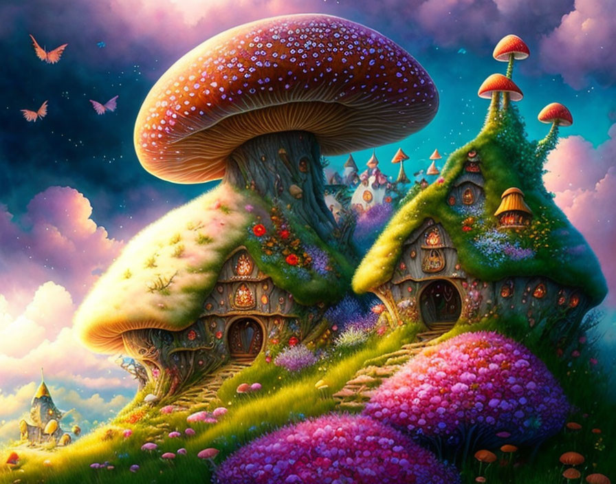 Colorful Oversized Mushroom Homes in Vibrant Fantasy Landscape