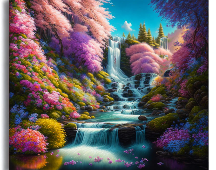 Colorful landscape with waterfalls, flowering trees, and pink-purple hues.