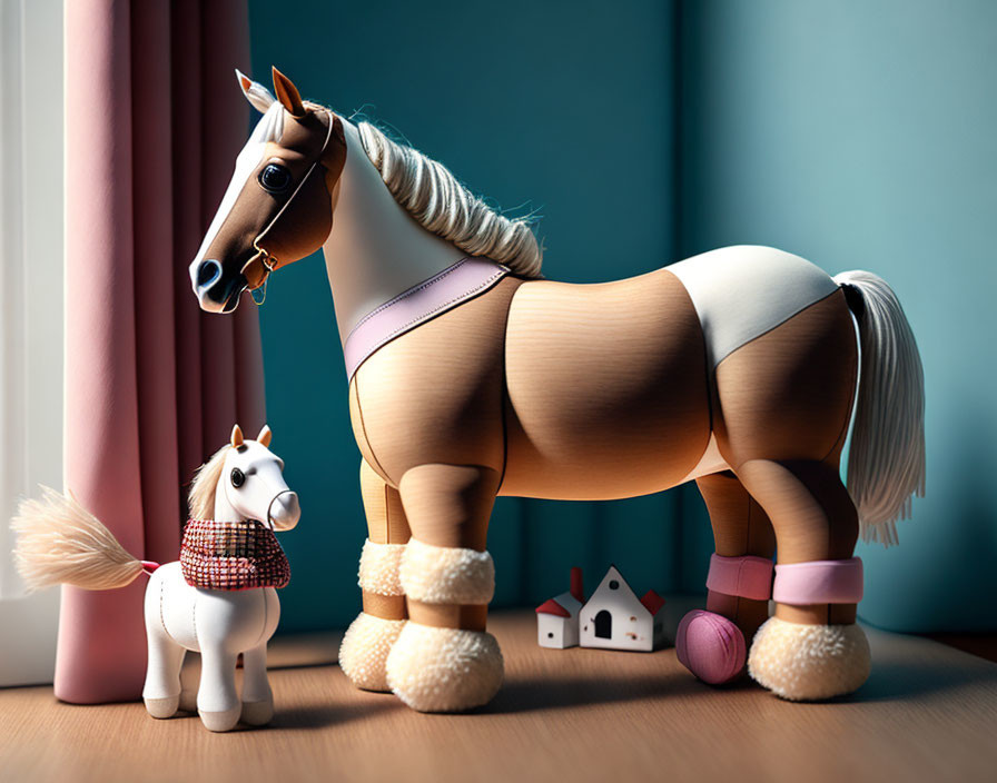 Stylized toy horses with braided mane and textured coat by a window