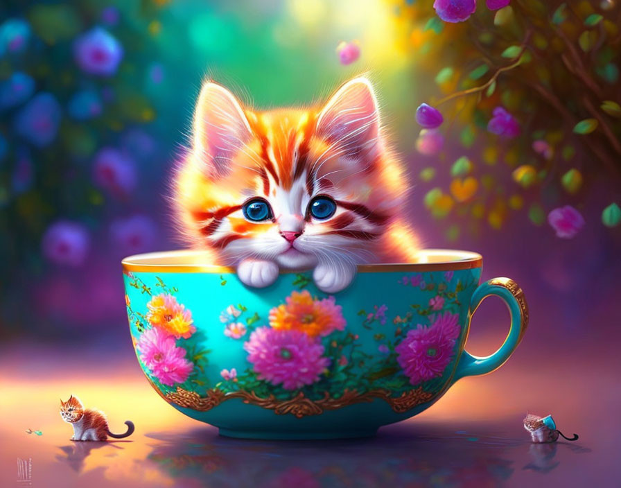 Adorable Blue-Eyed Kitten in Floral Teacup surrounded by Miniatures