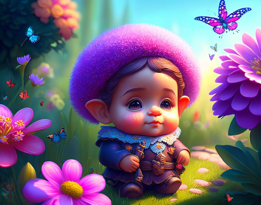 Adorable baby with big eyes in pink hat surrounded by flowers