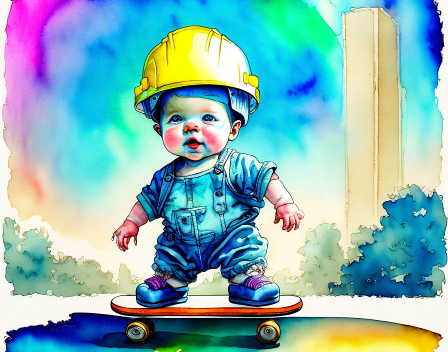 Baby in yellow hard hat on skateboard in watercolor art