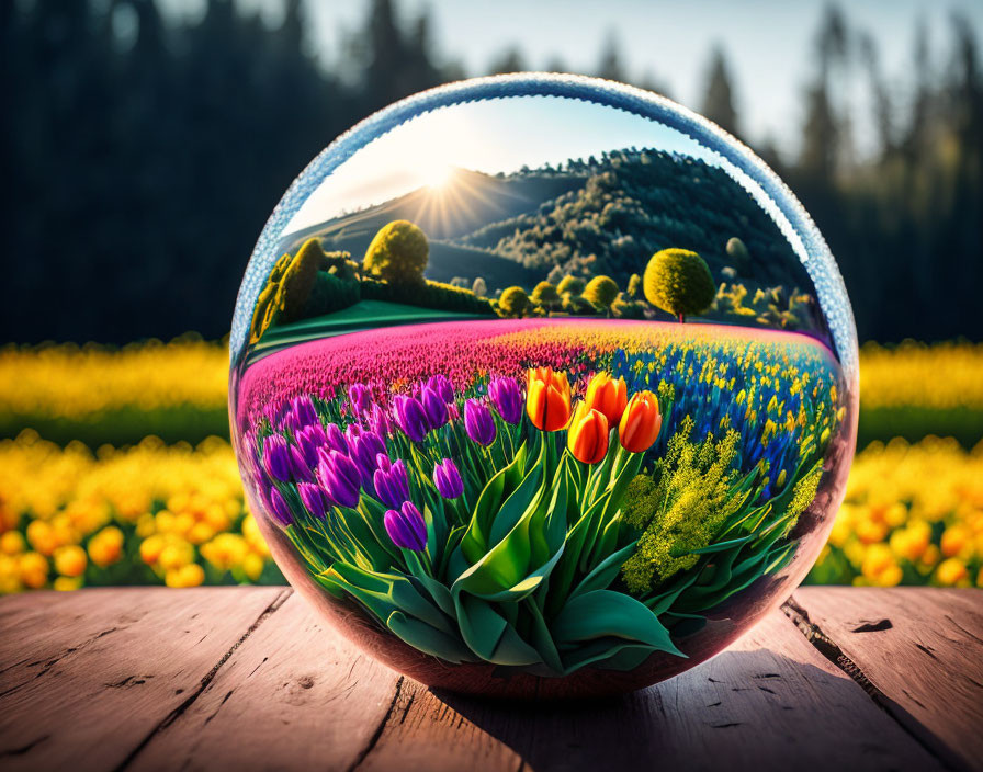 Crystal Ball Reflects Vibrant Tulip Field at Sunset