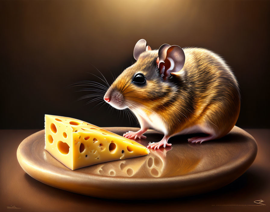 Hyperrealistic Mouse Illustration on Wooden Surface with Swiss Cheese in Warm Lighting