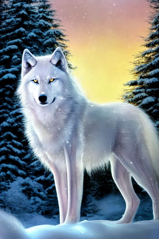 White Wolf in Snowy Landscape with Pine Trees and Dusk Sky