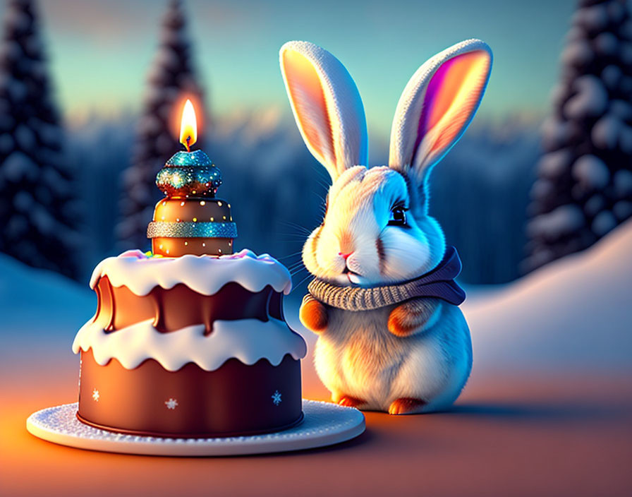 Animated rabbit with scarf near candle on snowy forest cake scene