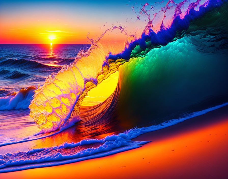 Colorful wave cresting at sunset on serene beach