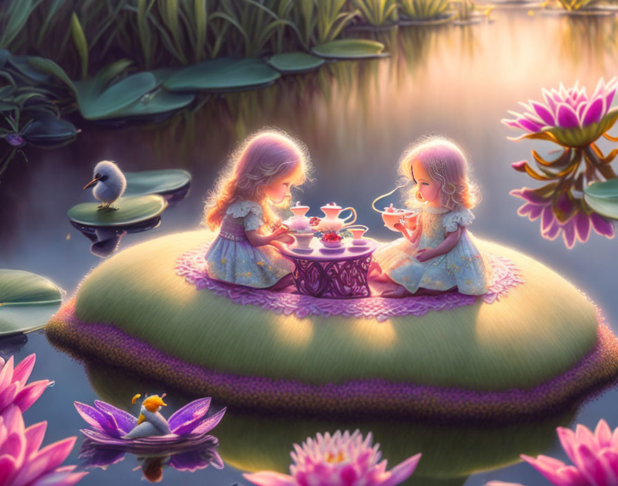 Animated girls tea party on lily pad at sunset