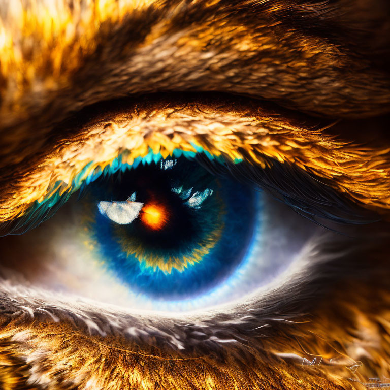 Detailed Close-up: Vibrant Blue and Orange Eye with Golden-Brown Fur Background