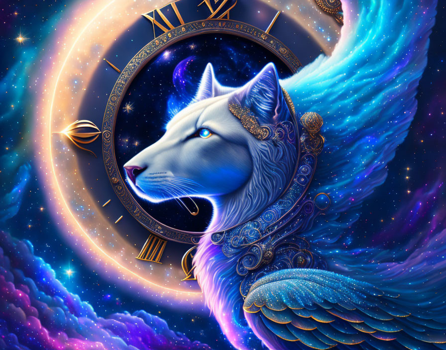 Blue Winged Wolf with Golden Ornaments in Cosmic Zodiac Scene