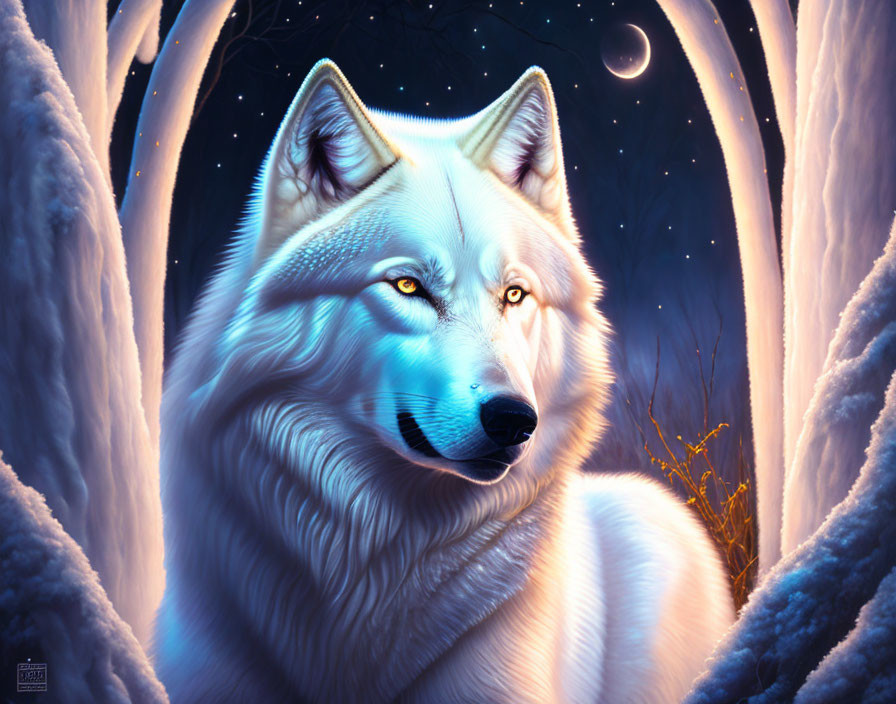 White Wolf in Snowy Forest Clearing at Night with Crescent Moon