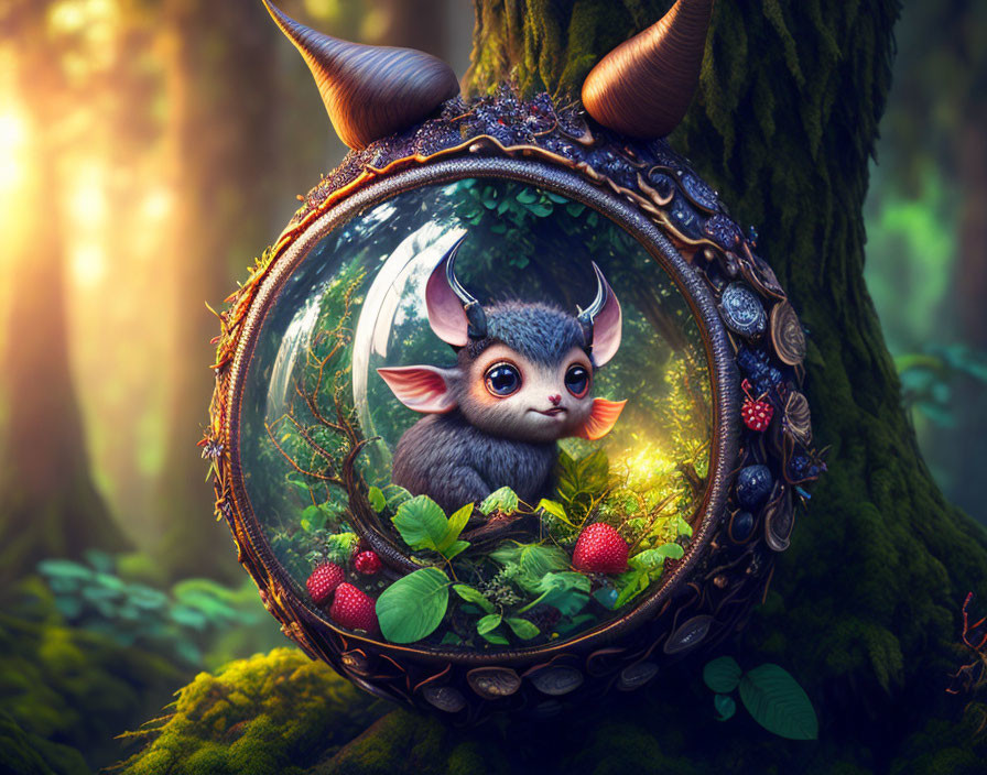 Whimsical creature with large eyes and horns in ornate circular frame in magical forest glade