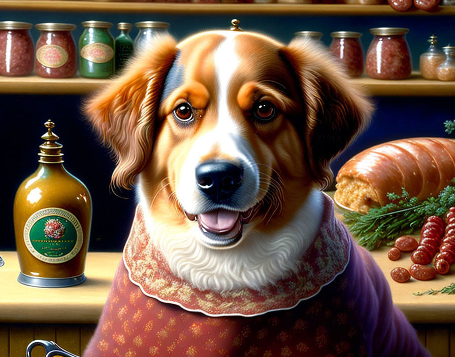 Digital painting: Dog with human-like features in kitchen setting