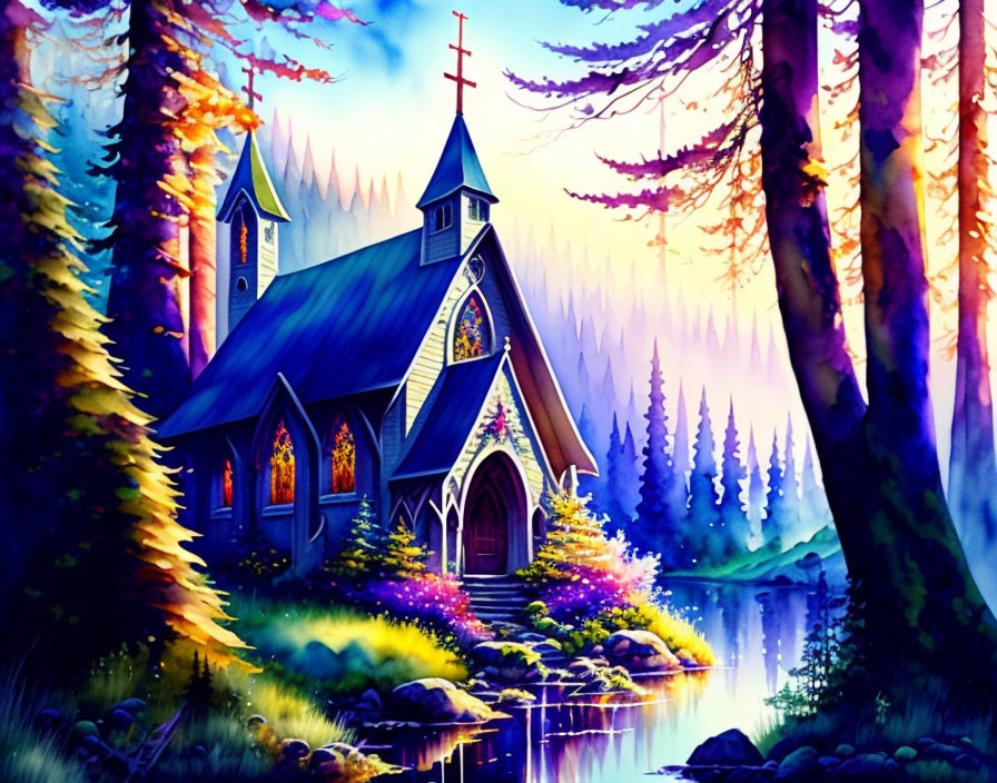 Colorful church scene by tranquil stream in forest with purple and blue hues.