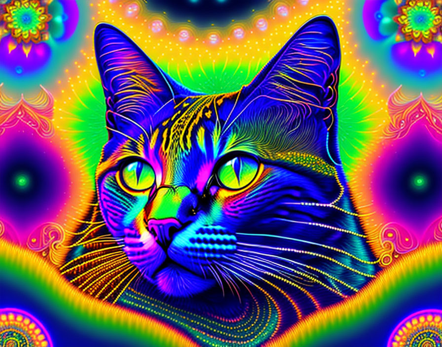 Colorful Psychedelic Cat Art with Yellow Eyes on Neon Background