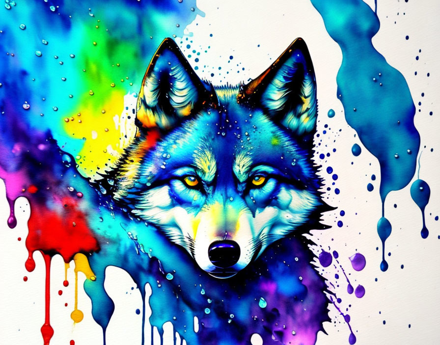 Colorful Wolf Face Painting with Blue and Red Watercolor Splatter