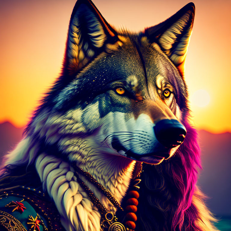 Anthropomorphic wolf in tribal attire against sunset.