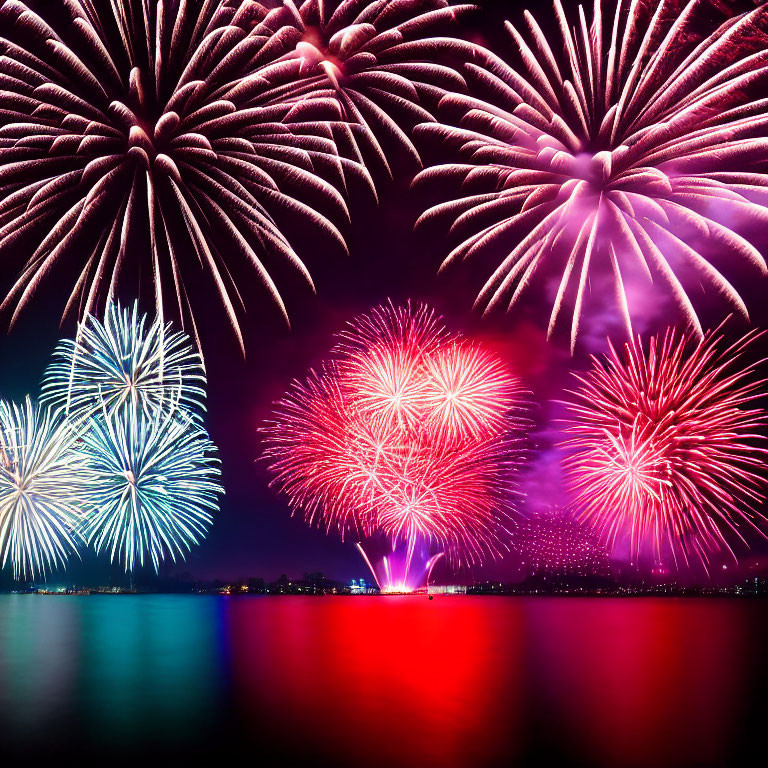 Colorful fireworks display reflecting on water with red, pink, purple, and white bursts at night