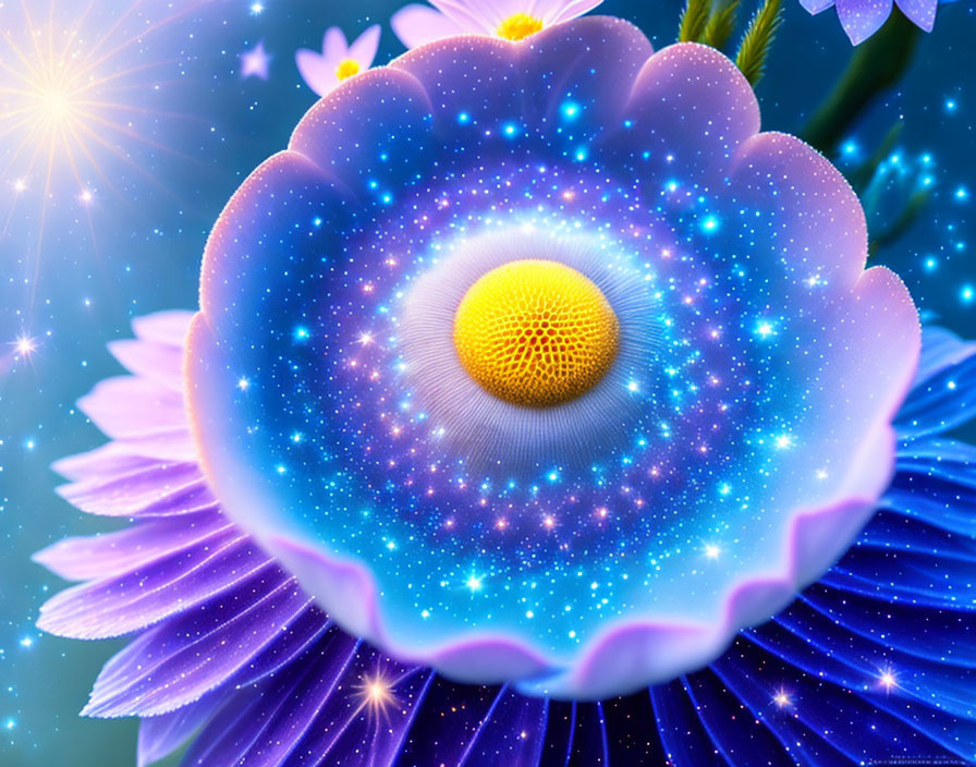 Colorful cosmic flower digital artwork with glowing yellow center and sparkling stars