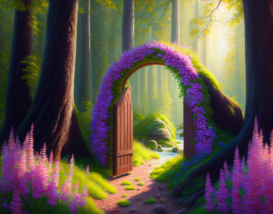 Sunlit Path Through Mystical Forest with Wooden Door and Purple Flower Arch