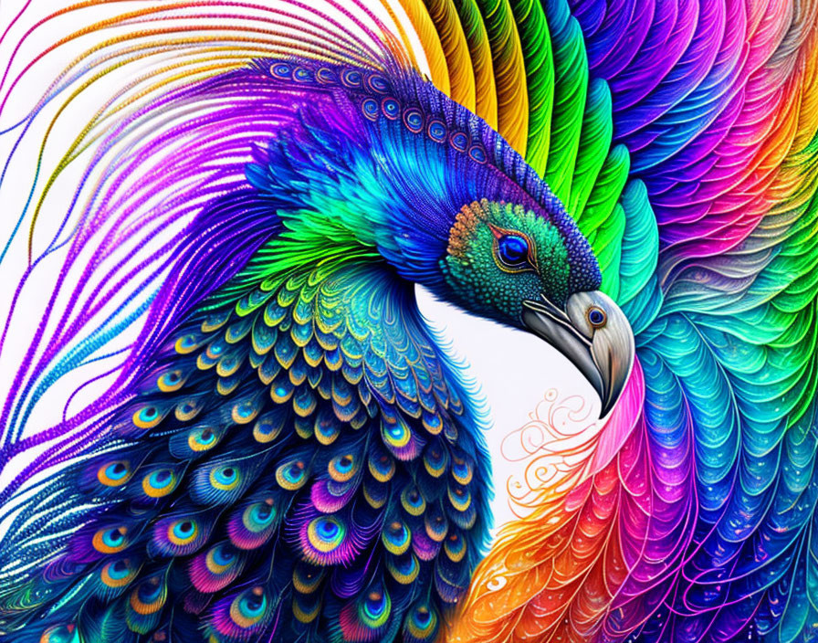 Colorful digital art: stylized peacock with intricate patterns