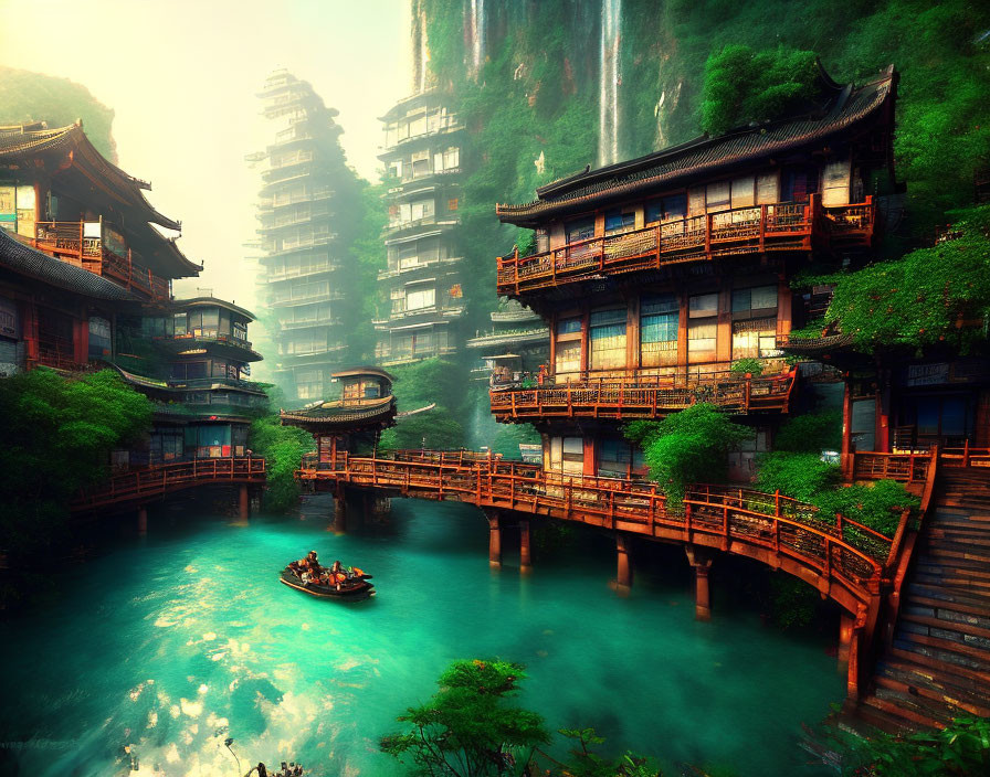 Misty village scene with wooden houses, cliffs, waterfalls, river, and boat