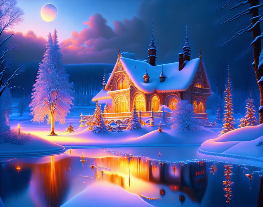 Snowy lakeside cottage illuminated under full moon on tranquil winter night