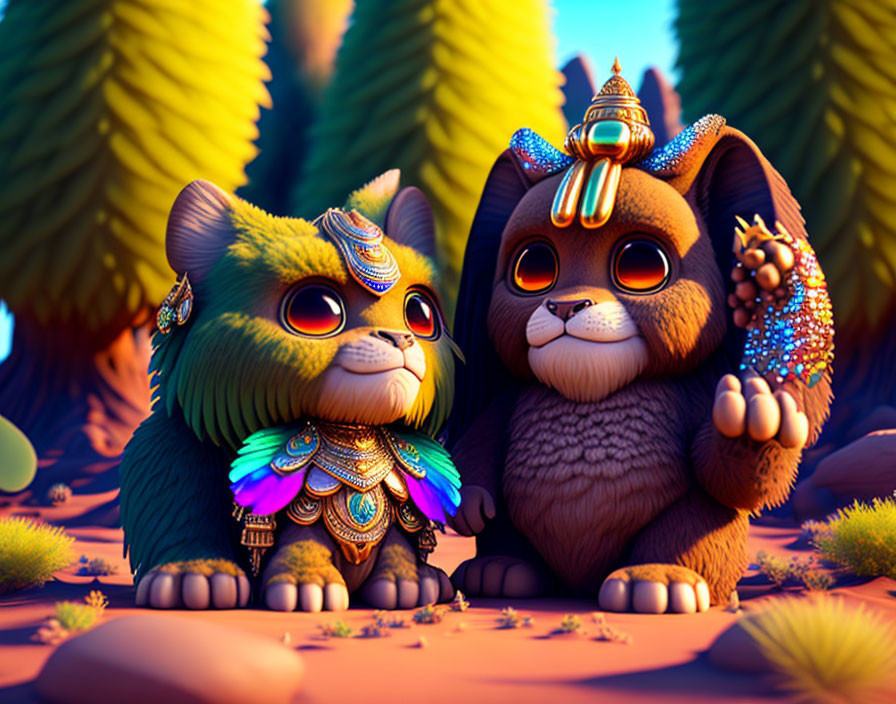 Colorful Whimsical Cat Creatures in Vibrant Forest