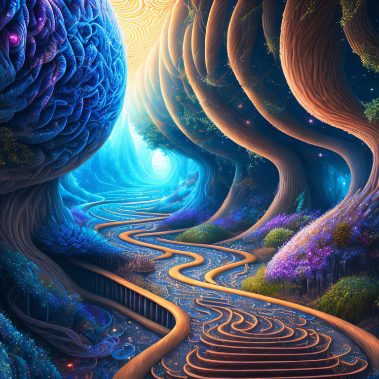 Fantastical landscape with winding pathway, vibrant flora, and swirling trees under starry sky